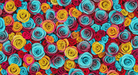 Fototapeta premium Vibrant Seamless Rose Pattern Background Texture: Close-up of Multicolored Roses in Textile, Knitting, or Embroidered Style. Bright Blue, Yellow, and Pink Floral Wallpaper.