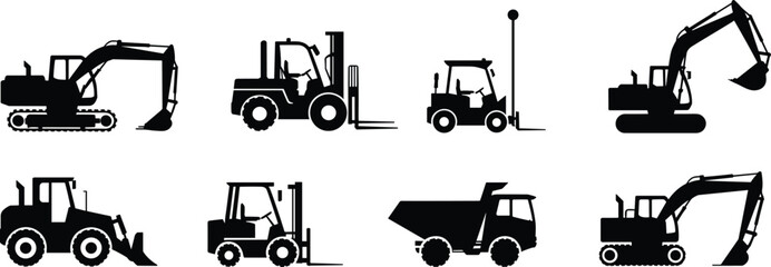 construction, machinery, silhouettes, vector, set, excavator, forklift, loader, dumper, truck, heavy, equipment, industrial, vehicles, black, icons, engineering, building, transport, illustration © Mst