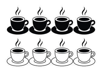 Obraz premium Eight Steaming Cups of Coffee on Saucers, Black and White Icons