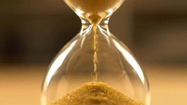 Golden sand pouring through a glass hourglass, showing the passage of time.