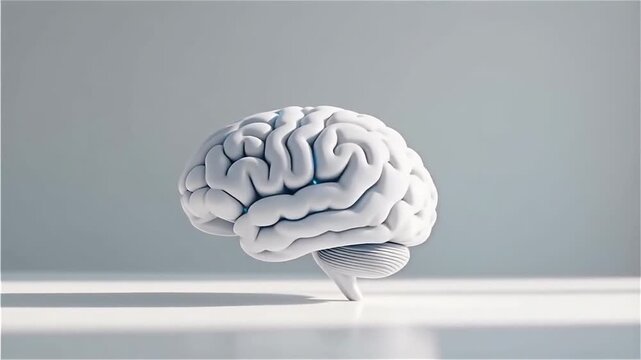A close-up view of a 3D model of a human brain with blue accents, positioned on a clean, bright surface in a minimalistic setting