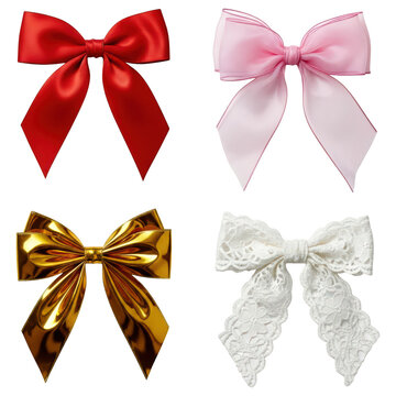 A collection of four decorative bows featuring a glossy red satin, sheer pink organza, metallic gold foil, and intricate white lace textures. isolated PNG with Transparent Background
