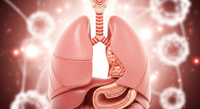 Anatomy of the human respiratory system with lungs trachea and diaphragm on cellular background