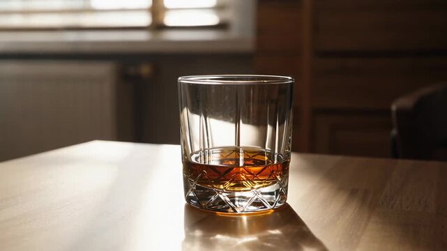 A glass of amber liquid resting on a wooden table with soft natural light enhancing its rich color and clarity