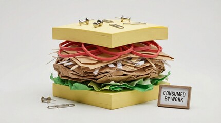 Humorous Macro Photography of a Hamburger Made of Office Supplies Like Sticky Notes and Rubber Bands - Consumed by Work Concept