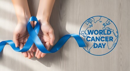 A person holds a bright blue awareness ribbon symbolizing World Cancer Day against a light wooden surface.