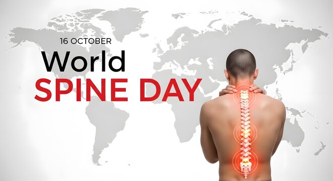 A man's bare back shows an illuminated spine graphic next to the text marking World Spine Day over a world map.