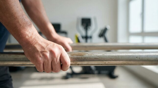 Close-up Action Shot of Patient Hands Gripping Parallel Bars in Physical Therapy - Determination Concept