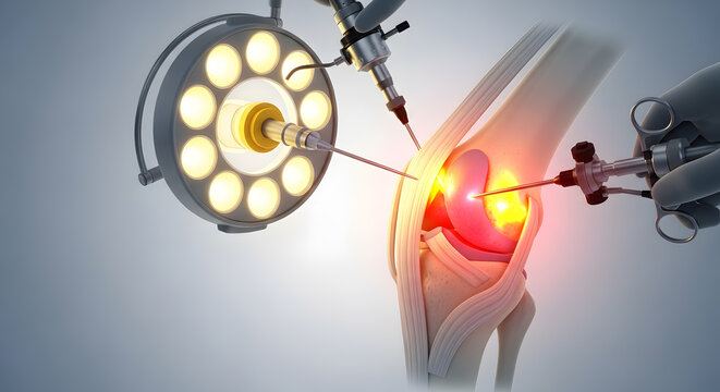 Arthroscopic surgical instruments operating on a human knee joint under bright medical lighting