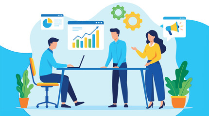 Business team collaborating on data analysis, marketing, and strategy