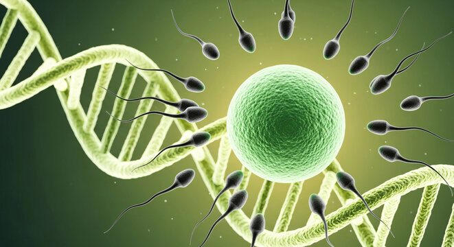 Biological process of human conception showing sperm around an egg and DNA helix