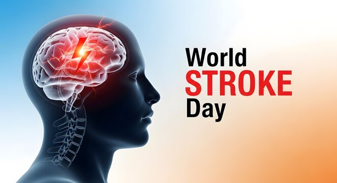 Profile silhouette of a human head shows an illuminated brain indicating a stroke event next to the text for World Stroke Day.