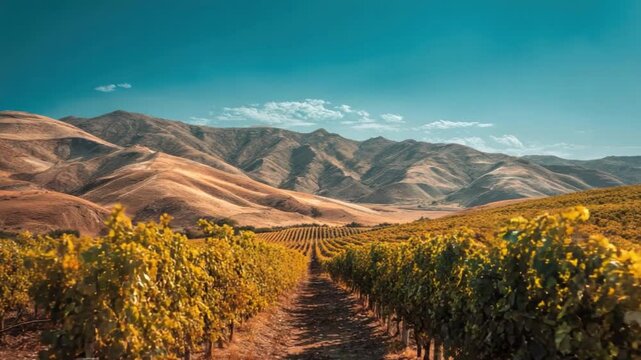 Vineyard Panorama: Rows of lush grapevines stretch towards the horizon against a backdrop of rolling mountains under a vibrant blue sky. Experience the serene beauty of the countryside