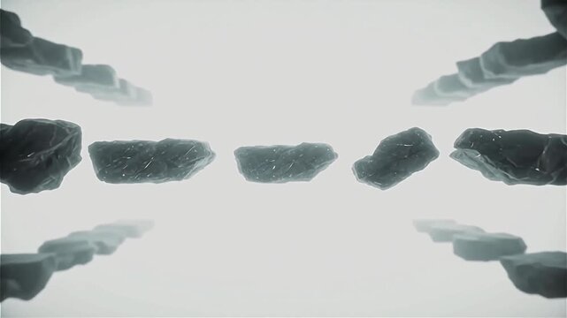 Abstract floating rock formations with a misty white backdrop, conveying a sense of weightlessness and tranquility
