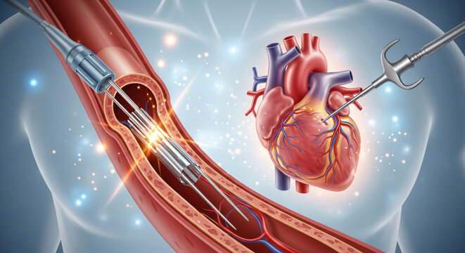 Cardiac catheterization procedure with surgical instruments near a human heart within a patients body