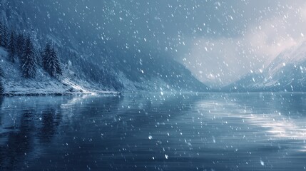 Snow falls gently over a quiet lake surrounded by mountains and trees during winter in a remote location