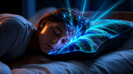 Femme dormant sur un oreiller intelligent. Capteurs biom&eacute;triques et lueur bleue futuriste. Visualisation de donn&eacute;es de r&ecirc;ve et technologie du sommeil. Ambiance sereine, calme et high-tech