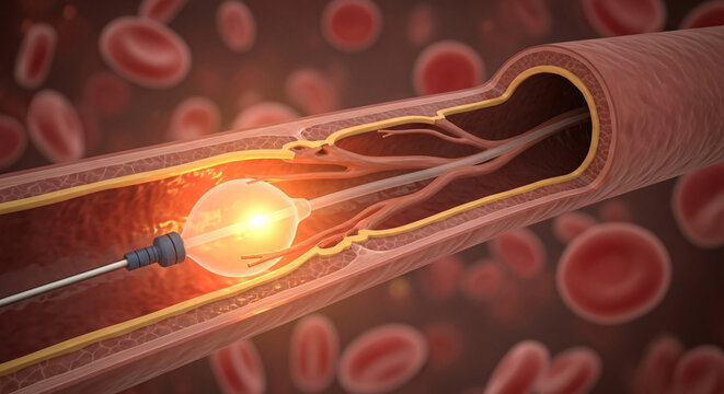 Catheter balloon expanding inside a diseased artery cross section to treat blockages and improve blood flow