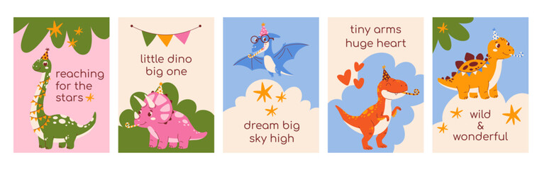 Cute birthday card collection with dinosaurs Triceratops, Brachiosaurus, Pterodactyl, Tyrannosaurus, Stegosaurus in party hats. Modern retro flat vector illustration set for kids party, poster © Coxic25