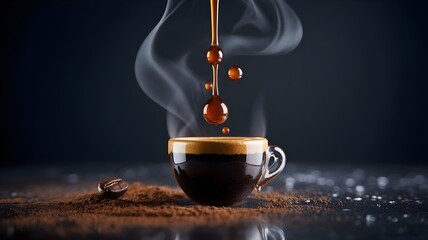 Rich espresso drops mid-air with steam and beans - For marketing.