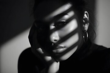 Fototapeta premium Expressive studio lighting emphasizes a model's emotion with dramatic shadows and minimal background.