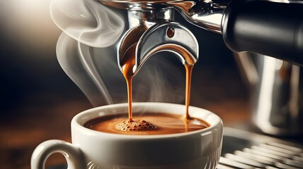 Amber espresso ribbon cascading into ceramic cup &ndash; Great for culinary magazines, artisanal coffee branding, or morning lifestyle themes.