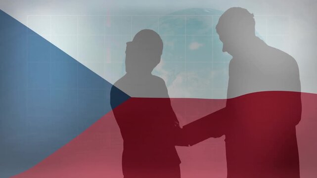 Two silhouettes shaking hands after right figure extending arm, Czech flag waving signaling deal