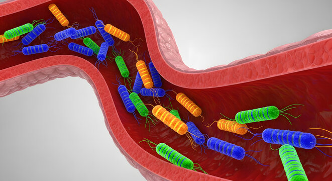 Colorful bacteria swimming within a blood vessel, illustrating microscopic pathogens or gut microbiota in the bloodstream