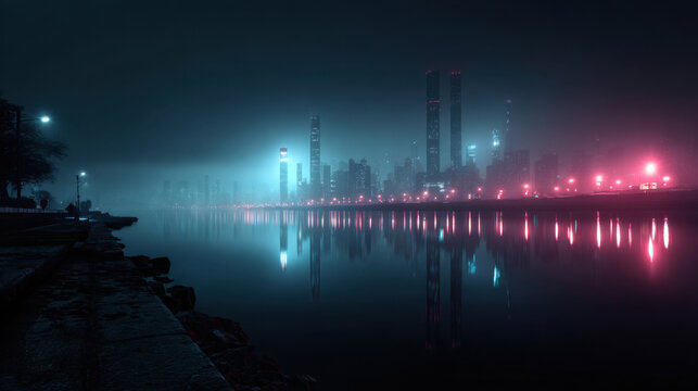 Futuristic industrial city skyline at night with neon lights and smokestacks reflecting on polluted river creating cyberpunk urban atmosphere