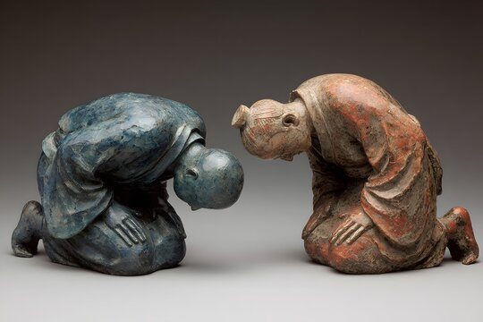 Prostrate figures bow like gentle waves embodying humility in respectful spiritual scenes.