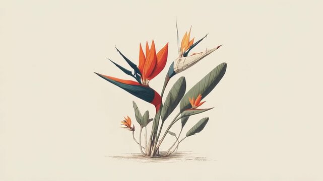 Botanical illustration of a bird of paradise flower, featuring vibrant orange and green hues