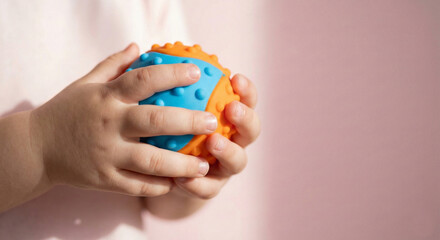 Close up of child's hands holding textured sensory ball toy for tactile stimulation and motor skills