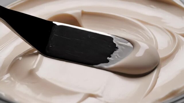 Macro close-up of beige cream texture being spread with a metal spatula. Smooth cosmetic foundation or moisturizer smear. Skincare product application background
