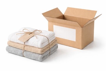 Laundry basket towel donation bundle tied with twine beside open cardboard box charity organization concept high key studio isolated on white