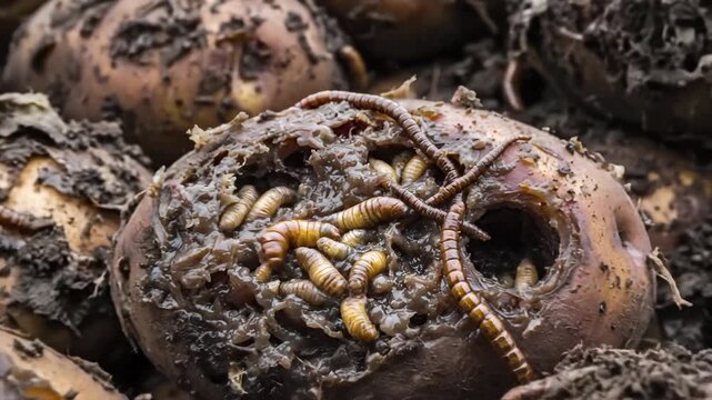 Worms Infesting Rotten Potatoes in Soil, Close-up Macro Shot of Decomposition