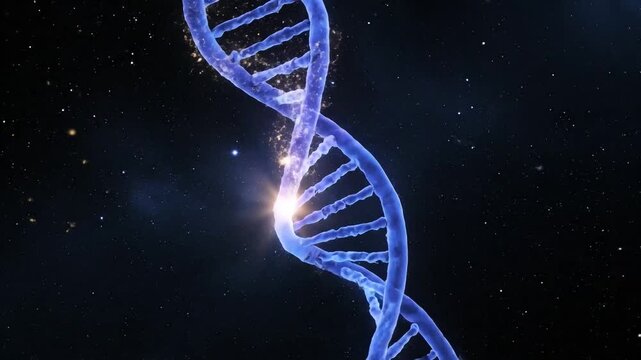 A glowing blue DNA double helix structure against a dark cosmic background with stars.