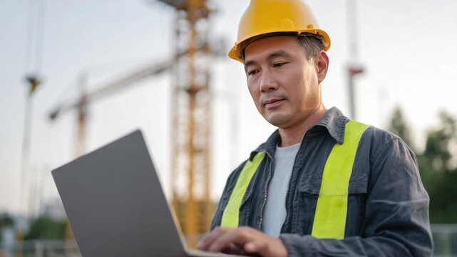 Construction Site Engineer: An experienced engineer, clad in a hard hat and safety vest, meticulously reviews project plans on a laptop at a bustling construction site.