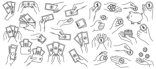 Huge set with human palms silhouette holding paper money, coins and wallet with dollar sign