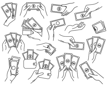 Set of icons with hands holding paper dollar bills. Human palms with paper currency