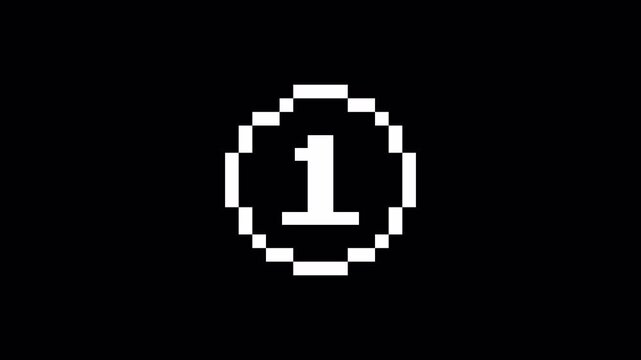 5 second pixel countdown timer displayed on a transparent background. Circle countdown timer 5 sec animation with alpha channel. 4K footage video animation