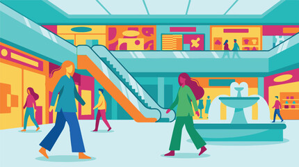 Vibrant flat design illustration of people walking in a modern shopping mall © StockStudio
