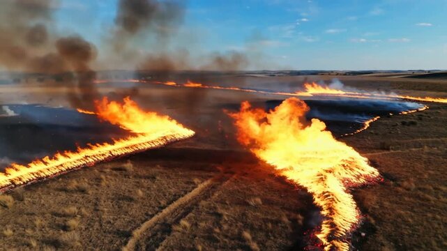 Aerial view of sprawling wildfires consuming dry grassland under a blue sky, smoke billowing in the distance, creating a dramatic contrast