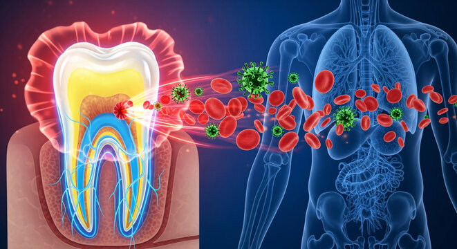 Connection between a diseased tooth and human internal organs with circulating blood and viruses