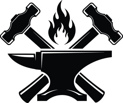 Blacksmith emblem icon with anvil crossed hammers and fire, metal forging symbol silhouette vector illustration isolated workshop craft logo design