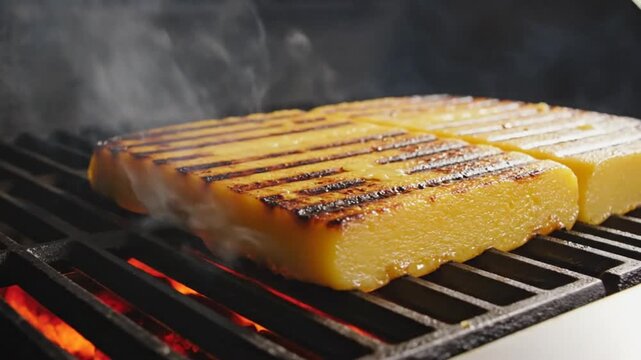 Grilled polenta slices with grill marks cooking on a hot barbecue over open flames