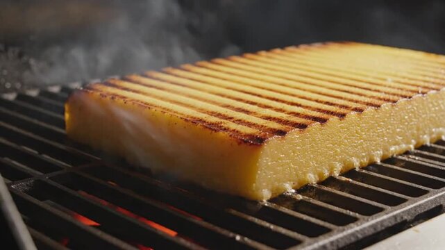 Close up of golden polenta cooking on a hot outdoor grill with grill marks creating delicious food textures.