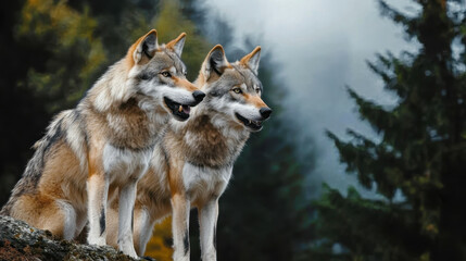 Fototapeta premium Timber wolf hunting in mountain