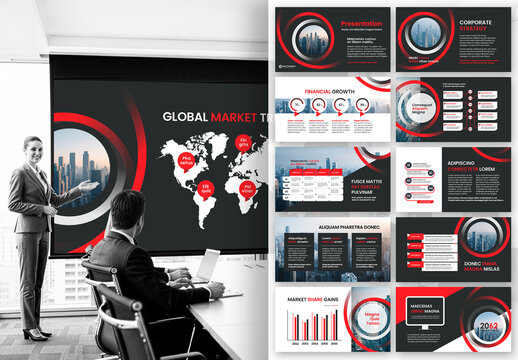 Modern Red Corporate Business Presentation Template with Global Financial Market Theme