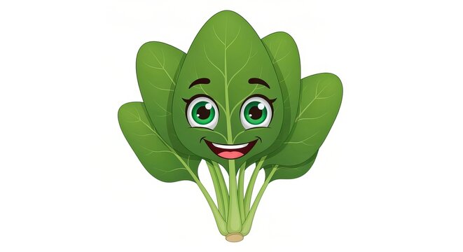 Cheerful cartoon character spinach leaf with human-like expression and vibrant emerald green eyes.