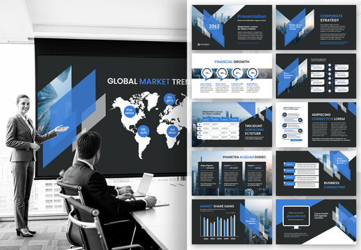 Modern Blue Corporate Business Presentation Template with Global Financial Market Theme